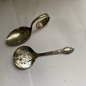 2 pieces of silver plate.  Small child’s spoon. And flat server.